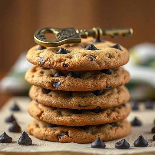 Ein Stapel von Schokoladenkeksen mit einem Schlüssel, der Datenschutz symbolisiert.