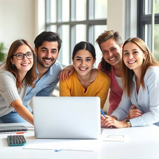 Ein Team arbeitet erfolgreich an einem Projekt. Alle Teammitglieder lachen und scheinen zufrieden mit dem Ergebnis zu sein. Laptop und Notizen liegen auf dem Tisch.