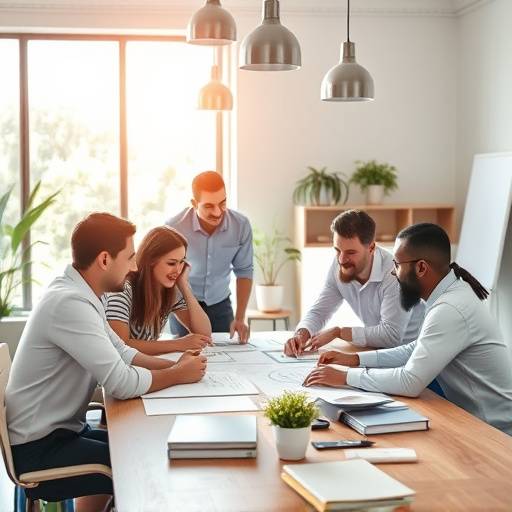 Ein Team arbeitet zusammen an einem Tisch, um ein Projekt zu planen. Die Atmosphäre ist kollaborativ und produktiv.