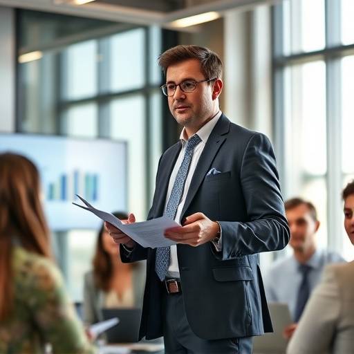 Eine Führungskraft steht vor einem Team und präsentiert selbstbewusst eine Strategie. Das Team hört aufmerksam zu und es herrscht eine positive, motivierende Atmosphäre.