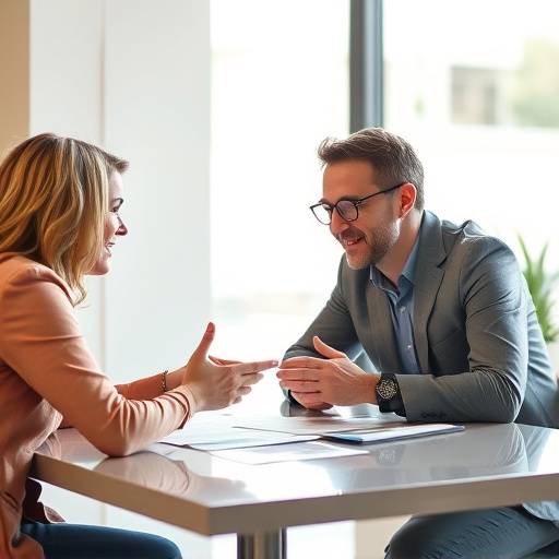 Zwei Personen sitzen an einem Tisch und diskutieren konstruktiv. Sie gestikulieren freundlich und scheinen eine Lösung für ein Problem zu finden.